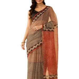 Women Brown Block Print Bagru Pure Cotton Kota Saree with Unstitched Blouse Piece (SAAYZPAB6976-Brown)