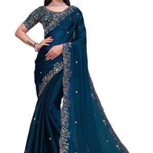 Women's Embroidered Designer Saree with Heavy Work Blouse | Elegant Party Saree for Wedding, Festival, Reception & Special Occasions | Traditional Ethnic Saree Teal Blue