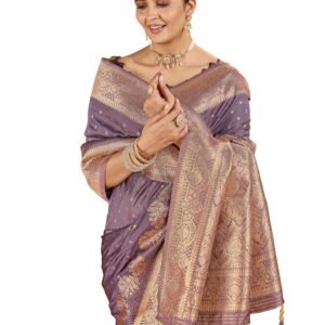Women's Banarasi Silk Kanjivaram Saree For Wedding With Pure Zari Work, Woven Design, With Unstitched Blouse Piece