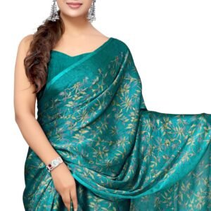 Women's Chiffon Floral Printed Saree with Blouse Piece (49274 - Teal, Light Olive Green,Dark Grey)